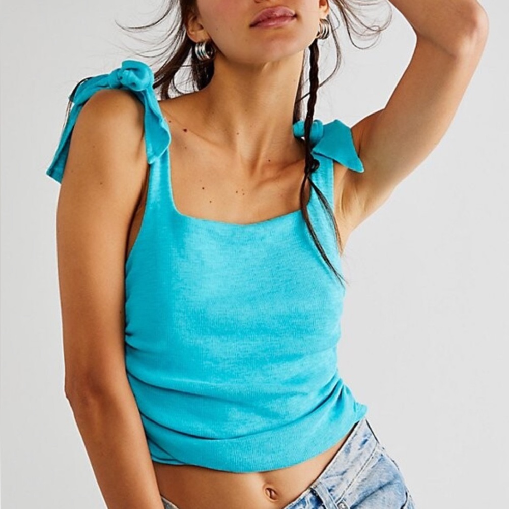 Free People Boulevard Bow Tie Strap Ruched Sides Cotton Rib Tank Top Aqua Size L - Picture 2 of 9